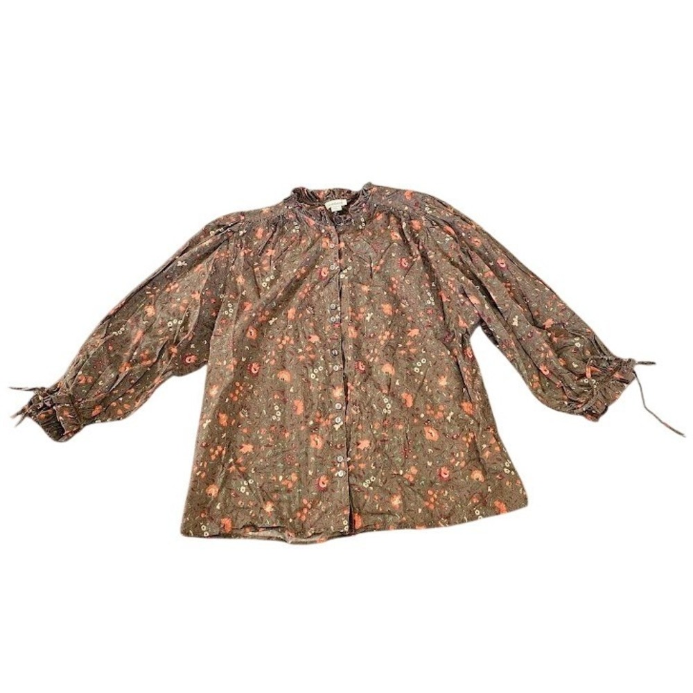 Sundance Womens Large Brown Floral Cotton Ruffle Neck Tie Cuff Blouse Top